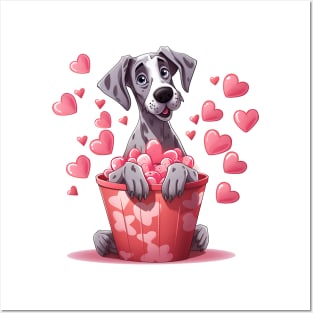 Cartoon Great Dane Dog in Hearts Basket Posters and Art